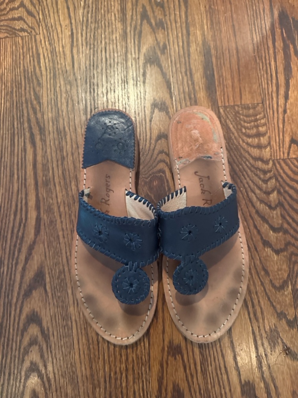 Jack Rogers Navy Leather Girls' Thong Sandals with Rondelle